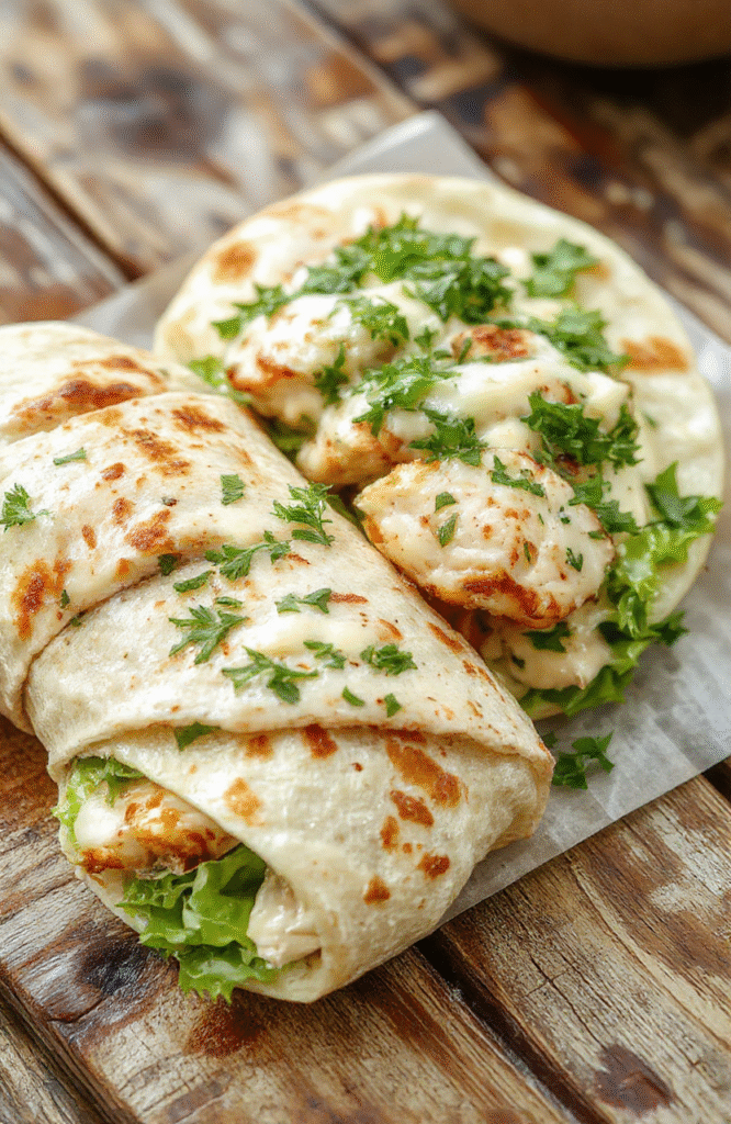 Colorful chicken Caesar wrap on a white plate, featuring crisp romaine lettuce, grilled chicken slices, creamy Caesar dressing, and shredded Parmesan cheese wrapped in a soft tortilla. The presentation is clean and inviting, with the wrap cut in half showing the layered ingredients, and garnished with a sprig of parsley on a rustic wooden table.