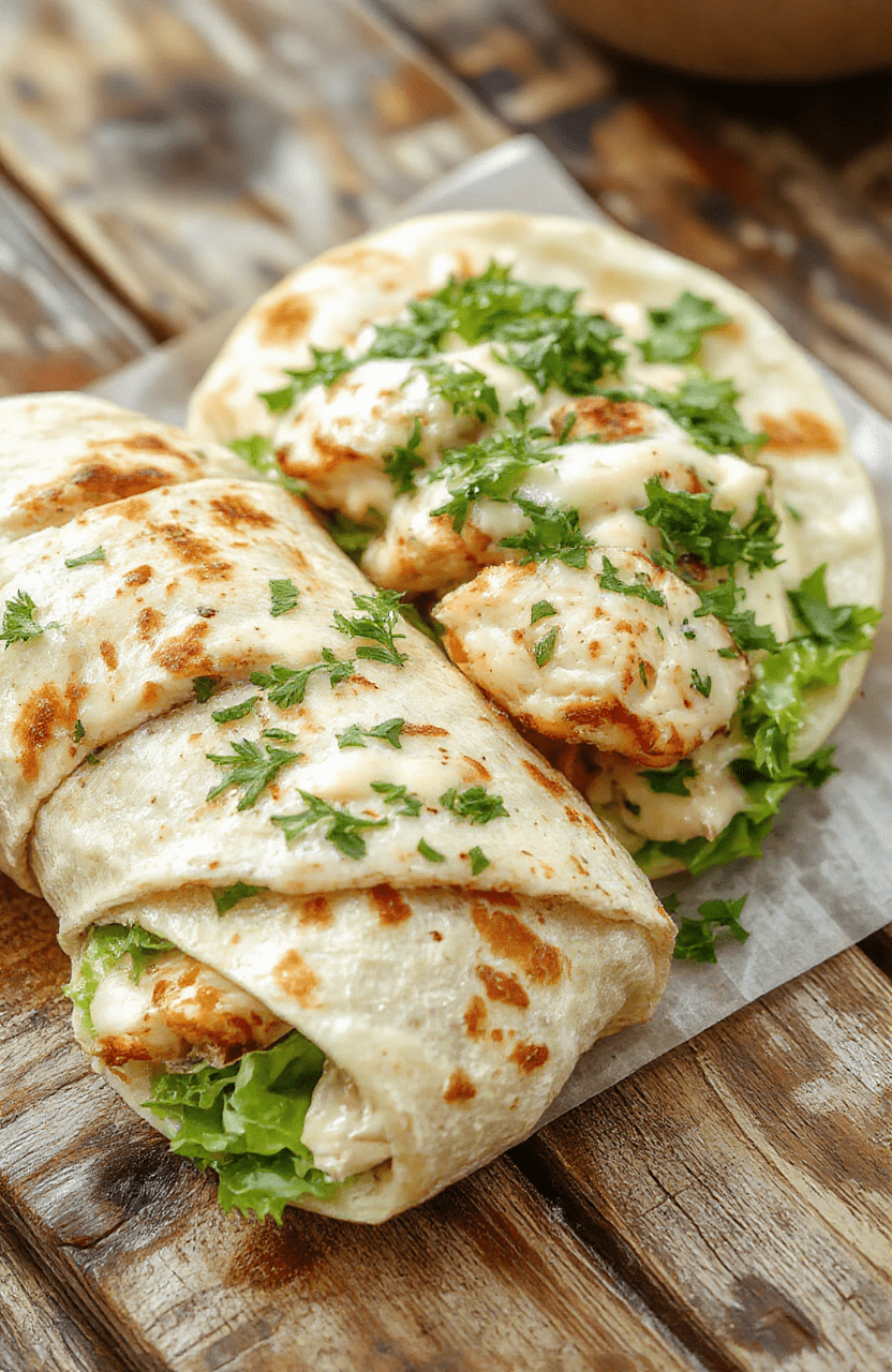 Colorful chicken Caesar wrap on a white plate, featuring crisp romaine lettuce, grilled chicken slices, creamy Caesar dressing, and shredded Parmesan cheese wrapped in a soft tortilla. The presentation is clean and inviting, with the wrap cut in half showing the layered ingredients, and garnished with a sprig of parsley on a rustic wooden table.