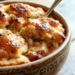 A warm, golden-brown bread pudding served in a rustic ceramic dish, topped with a dusting of powdered sugar and a drizzle of caramel sauce. The pudding is moist and tender, with crispy edges, sitting on a wooden table with a fork and a small bowl of vanilla whipped cream nearby.