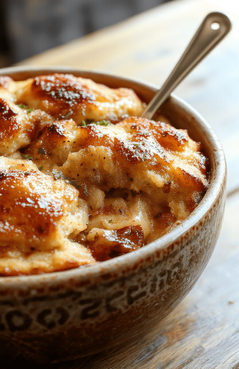 A warm, golden-brown bread pudding served in a rustic ceramic dish, topped with a dusting of powdered sugar and a drizzle of caramel sauce. The pudding is moist and tender, with crispy edges, sitting on a wooden table with a fork and a small bowl of vanilla whipped cream nearby.