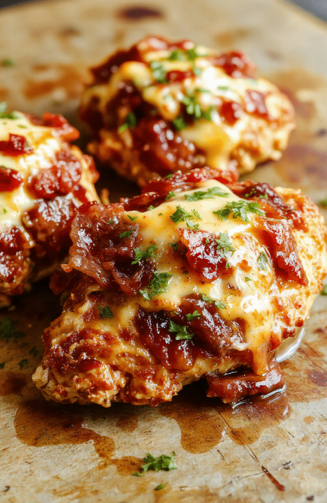 A vibrant plate of BBQ bacon cheddar chicken featuring golden-brown chicken breasts topped with crispy bacon, melted cheddar cheese, and a rich barbecue sauce. The dish is garnished with chopped green onions, served on a rustic wooden board with colorful sides, showcasing textures from the gooey cheese to the crispy bacon and tender chicken, stylishly plated with a casual yet appetizing presentation.