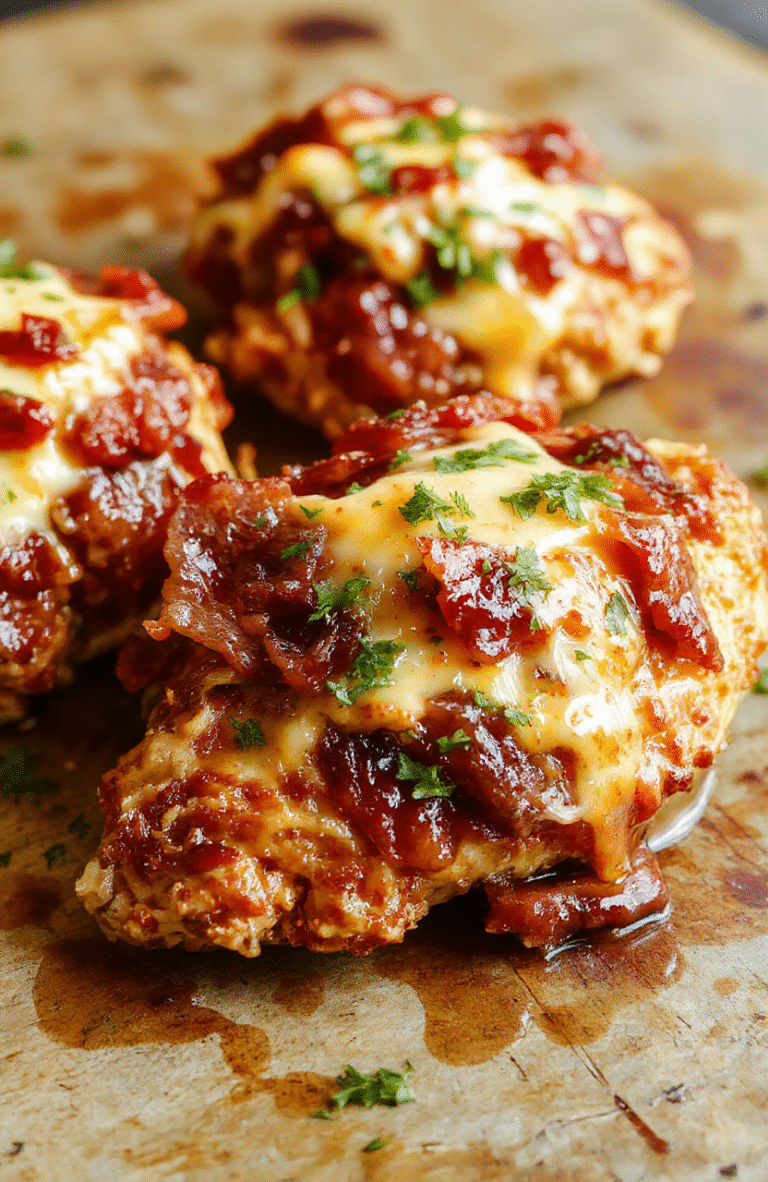 A vibrant plate of BBQ bacon cheddar chicken featuring golden-brown chicken breasts topped with crispy bacon, melted cheddar cheese, and a rich barbecue sauce. The dish is garnished with chopped green onions, served on a rustic wooden board with colorful sides, showcasing textures from the gooey cheese to the crispy bacon and tender chicken, stylishly plated with a casual yet appetizing presentation.