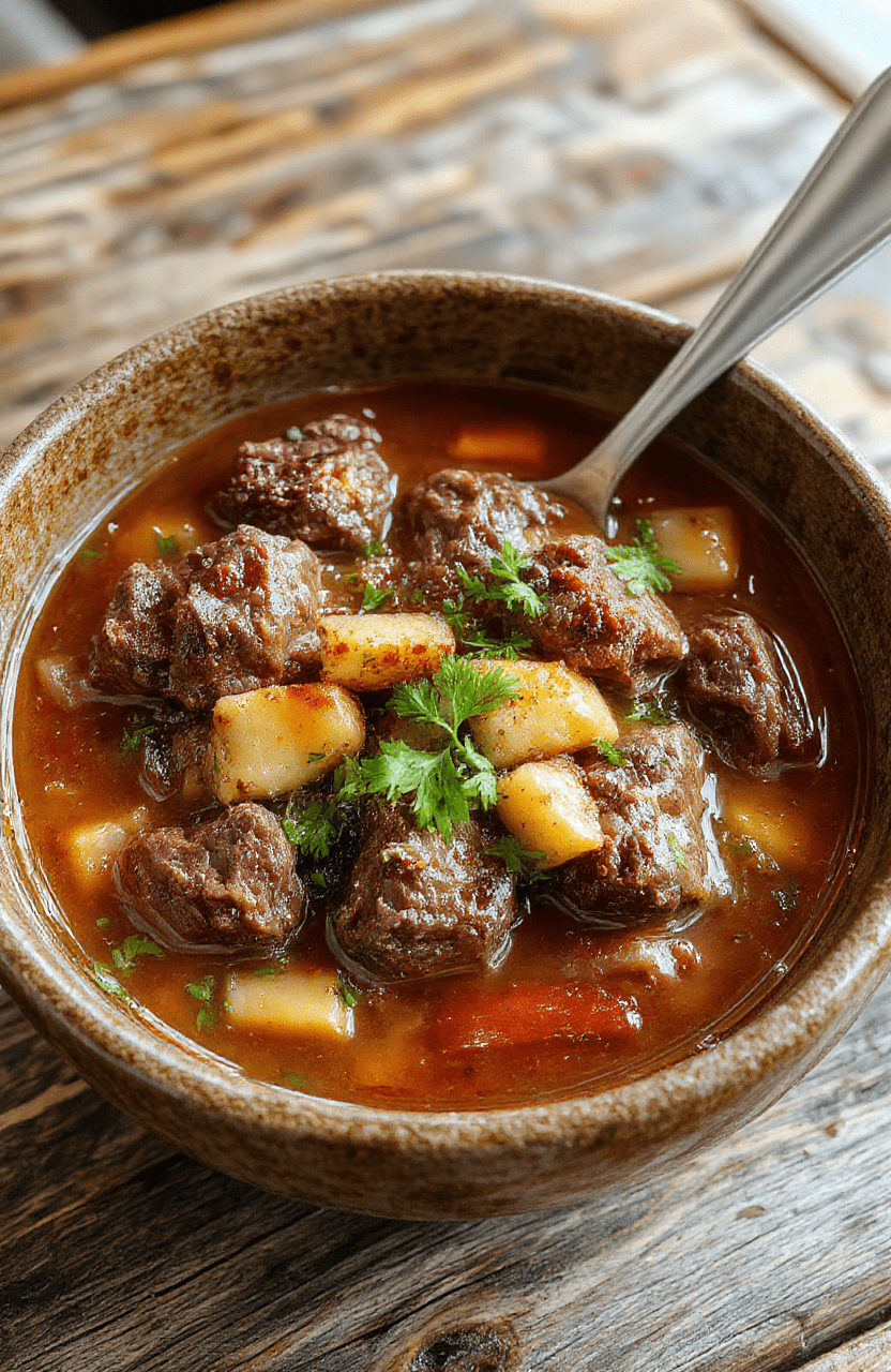 A hearty beef stew featuring tender chunks of beef and colorful vegetables in a thick, rich gravy served in a rustic bowl, garnished with fresh herbs, with warm natural lighting highlighting the textures and vibrant colors of the dish.