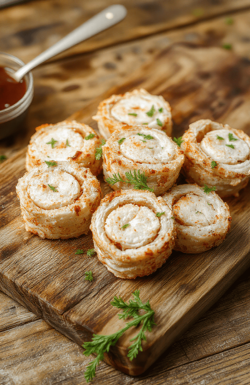 Colorful platter of crack chicken pinwheels with gooey cheese and crispy edges, sliced to reveal tender shredded chicken and creamy filling, plated on a rustic wooden board with fresh herbs and dipping sauces in the background.
