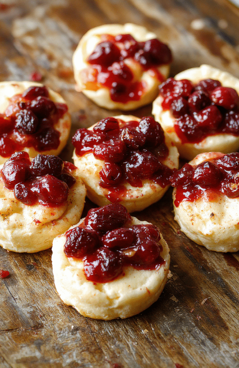 Close-up of golden baked mini tartlets filled with melted brie cheese and topped with vibrant red cranberry sauce, arranged on a white platter with a rustic wooden background, showcasing glossy, cheesy textures and colorful fruit topping, styled simply for an inviting look.