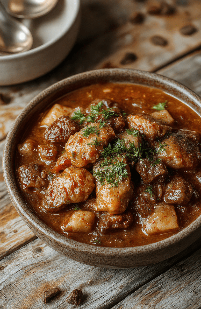 A rustic bowl filled with hearty brown stew featuring chunks of potatoes, carrots, and beef, topped with fresh herbs. The dish is on a wooden table with steam rising, styled with a spoon beside it and a cozy kitchen background contributing to a warm, inviting atmosphere.