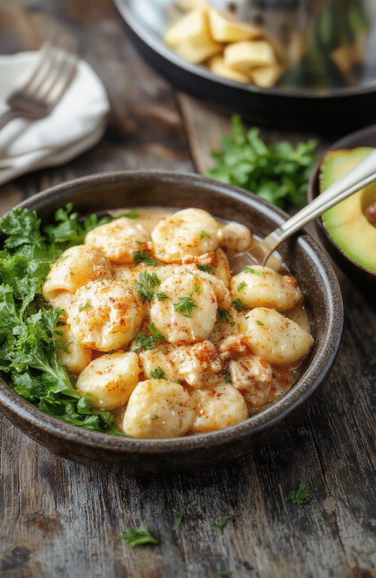 A vibrant plate of creamy chicken tortellini in a rich sauce garnished with fresh basil, served on a rustic wooden table with a side of green vegetables, showcasing a warm and inviting comfort food presentation.