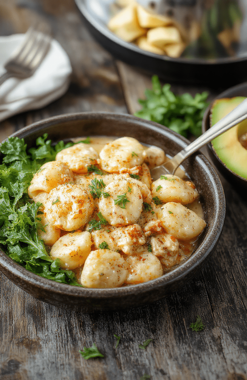 A vibrant plate of creamy chicken tortellini in a rich sauce garnished with fresh basil, served on a rustic wooden table with a side of green vegetables, showcasing a warm and inviting comfort food presentation.