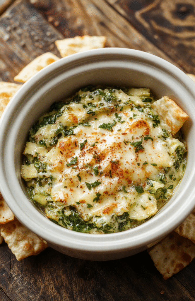 A creamy spinach artichoke dip served in a white ceramic bowl, topped with melted cheese and fresh chopped herbs. The dip is surrounded by crispy pita chips on a rustic wooden table, with vibrant green spinach and tender artichoke hearts visible. Soft natural light highlights the cheesy texture and inviting appearance.