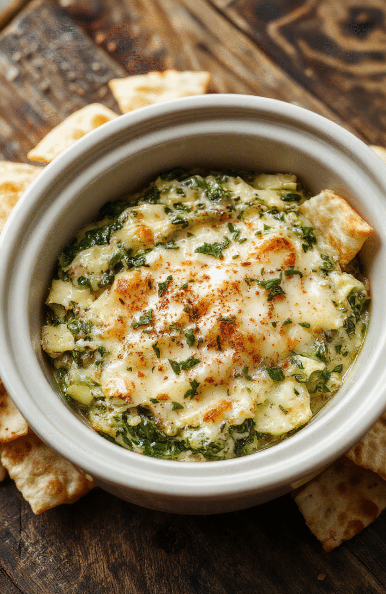 A creamy spinach artichoke dip served in a white ceramic bowl, topped with melted cheese and fresh chopped herbs. The dip is surrounded by crispy pita chips on a rustic wooden table, with vibrant green spinach and tender artichoke hearts visible. Soft natural light highlights the cheesy texture and inviting appearance.