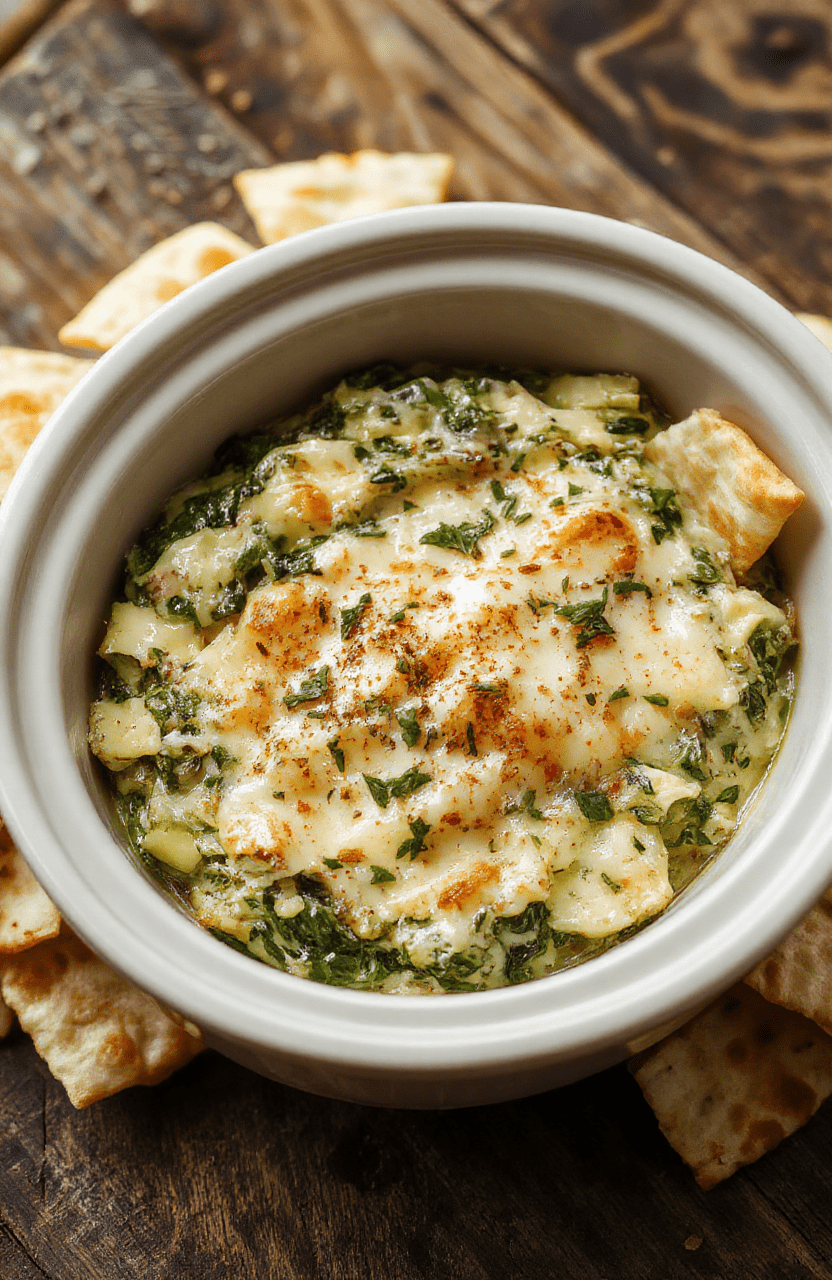 A creamy spinach artichoke dip served in a white ceramic bowl, topped with melted cheese and fresh chopped herbs. The dip is surrounded by crispy pita chips on a rustic wooden table, with vibrant green spinach and tender artichoke hearts visible. Soft natural light highlights the cheesy texture and inviting appearance.