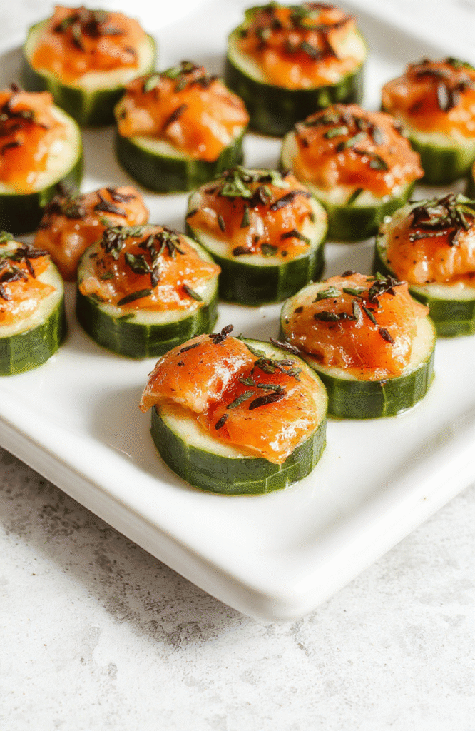 A close-up of elegant cucumber slices topped with smoked salmon, cream cheese, and fresh dill, arranged on a white rectangular platter with a blurred festive background. The vibrant green of the cucumbers contrasts with the orange-pink smoked salmon, garnished with tiny lemon wedges and capers, styled for a sophisticated party setting.