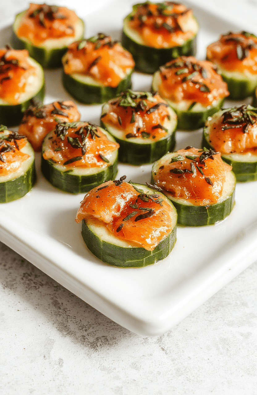 A close-up of elegant cucumber slices topped with smoked salmon, cream cheese, and fresh dill, arranged on a white rectangular platter with a blurred festive background. The vibrant green of the cucumbers contrasts with the orange-pink smoked salmon, garnished with tiny lemon wedges and capers, styled for a sophisticated party setting.