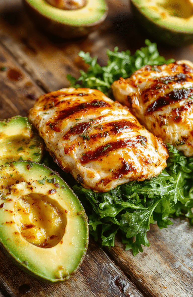 A vibrant plate featuring sliced grilled chicken topped with creamy avocado slices, garnished with fresh herbs on a rustic wooden platter, surrounded by colorful vegetables and a drizzle of sauce, with a fresh lime wedge on the side