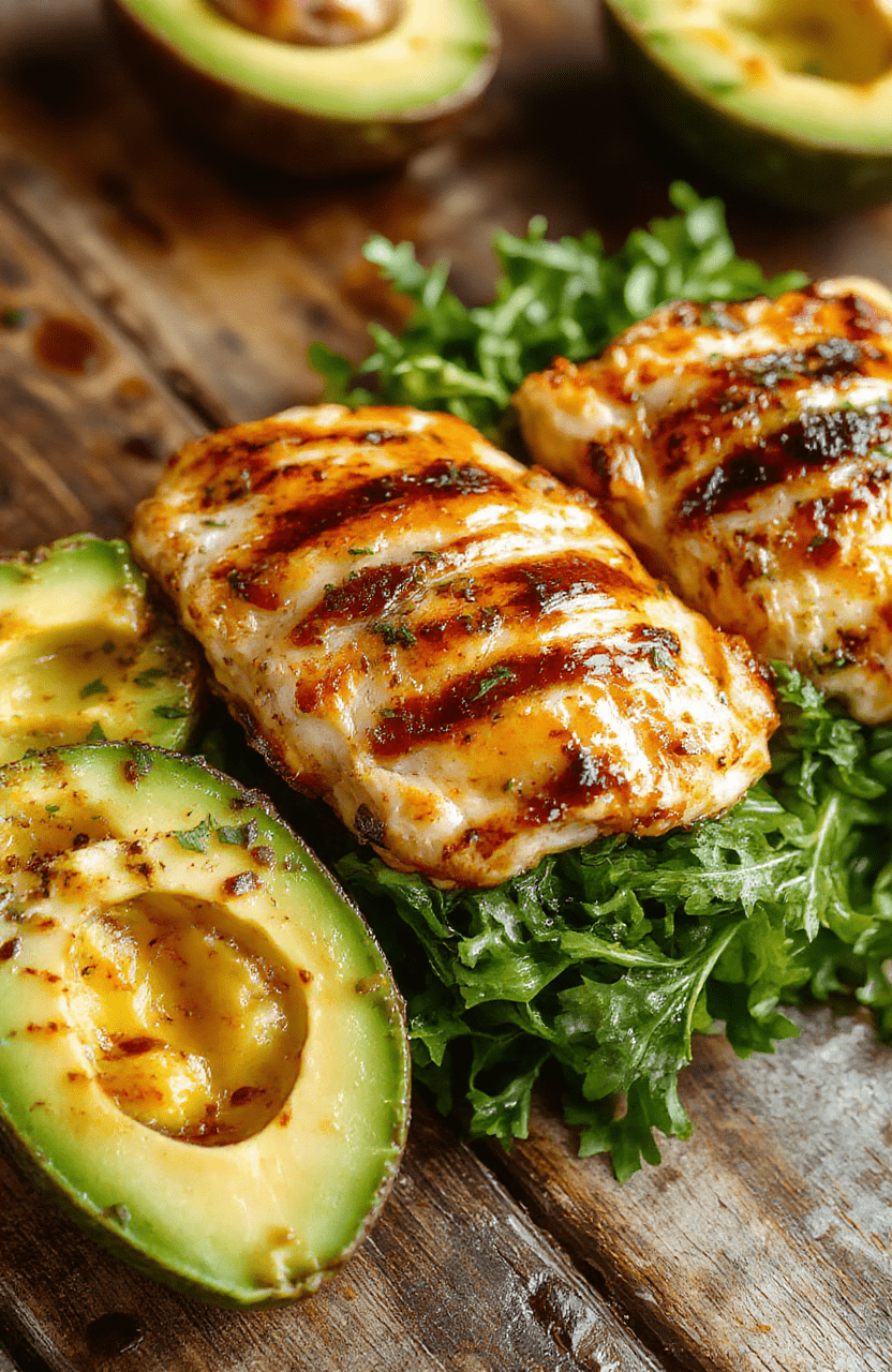 A vibrant plate featuring sliced grilled chicken topped with creamy avocado slices, garnished with fresh herbs on a rustic wooden platter, surrounded by colorful vegetables and a drizzle of sauce, with a fresh lime wedge on the side