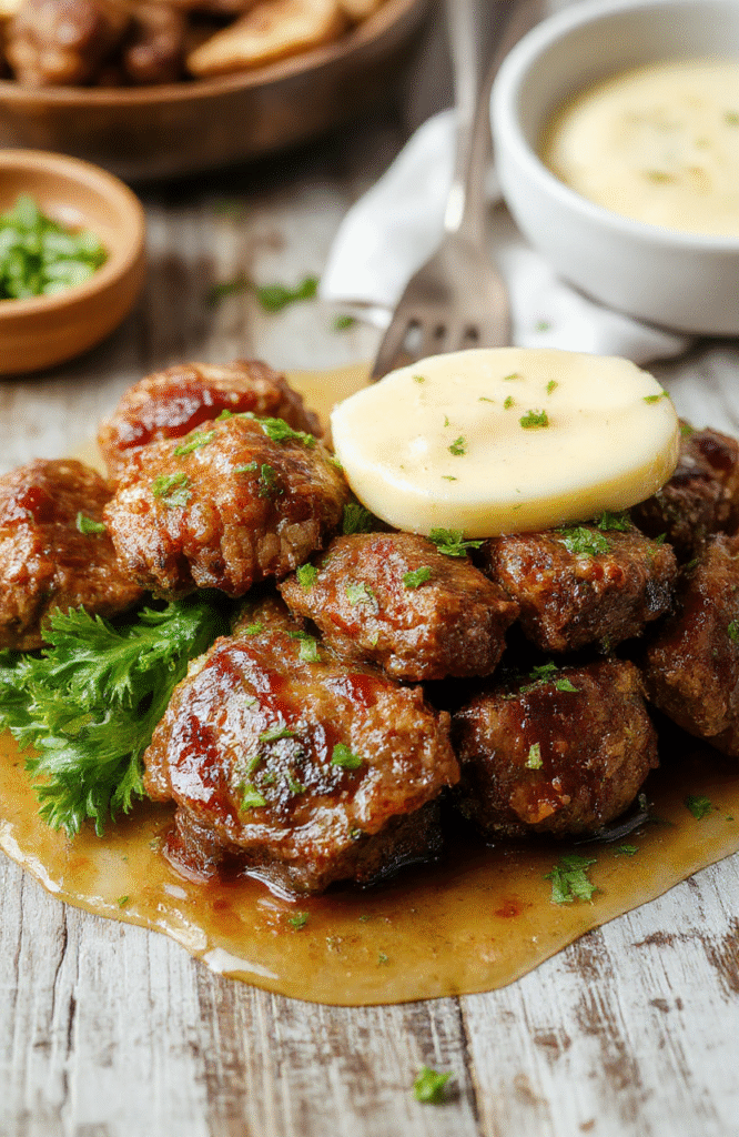 Golden brown beef bites glazed with garlic butter sauce, served on a rustic plate with fresh herbs, vibrant colors, and a glossy surface, plated in an inviting, homey style with a slight sheen from the butter and garlic, styled minimally with a soft focus on textures.