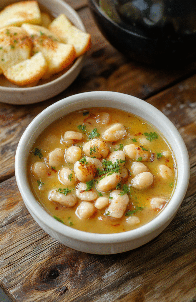 A vibrant bowl of white bean soup topped with fresh herbs and a drizzle of olive oil, served in a rustic white ceramic bowl on a wooden table, with a spoon beside it, showcasing creamy texture and colorful garnishes.