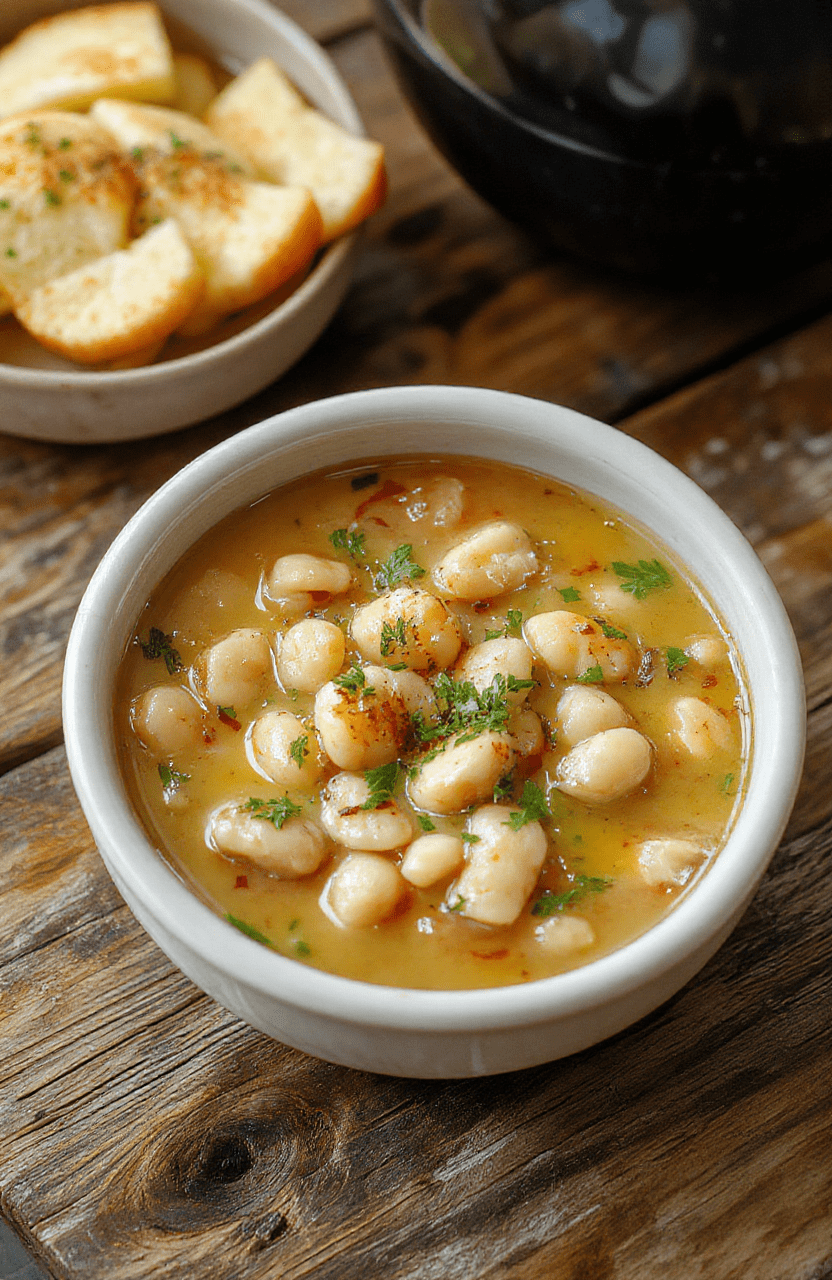 A vibrant bowl of white bean soup topped with fresh herbs and a drizzle of olive oil, served in a rustic white ceramic bowl on a wooden table, with a spoon beside it, showcasing creamy texture and colorful garnishes.