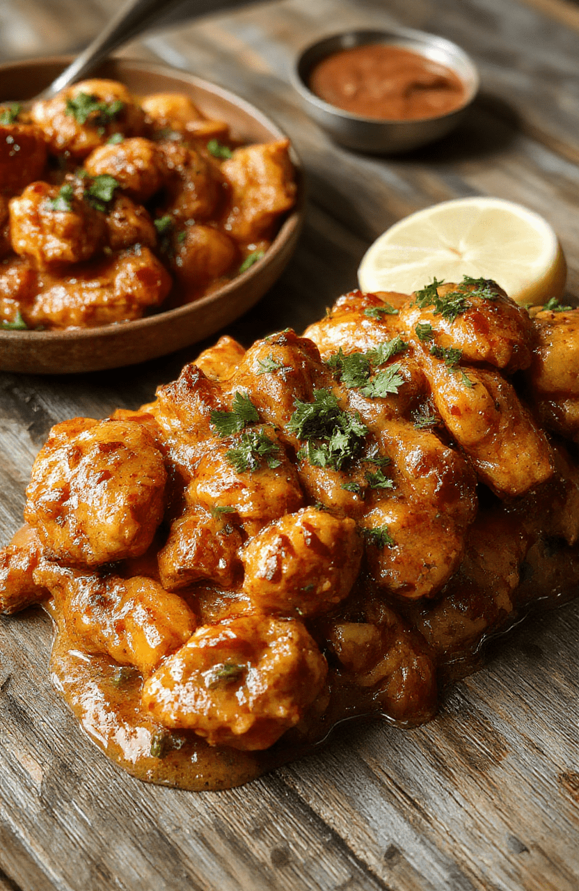 A vibrant plate of homemade butter chicken featuring tender chunks of chicken in a rich, creamy tomato sauce garnished with fresh cilantro. The dish is served on a rustic wooden table with a side of fluffy basmati rice and naan bread, highlighting its warm, inviting textures and vibrant colors. The sauce glistens under soft natural light, creating an appetizing and comforting visual appeal.