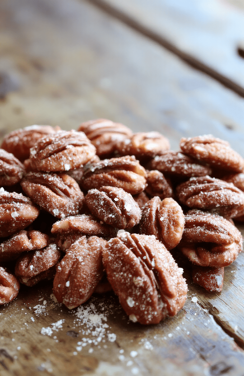 Golden-brown cinnamon sugar pecans arranged on a neutral ceramic plate, with a light dusting of cinnamon sugar on top. The pecans are glossy and caramelized, with a crispy texture visible. The background features a rustic wooden surface with a soft, warm lighting that highlights their shiny, sugared coating and inviting appearance. Fresh pecans are subtly visible in the background for added context.