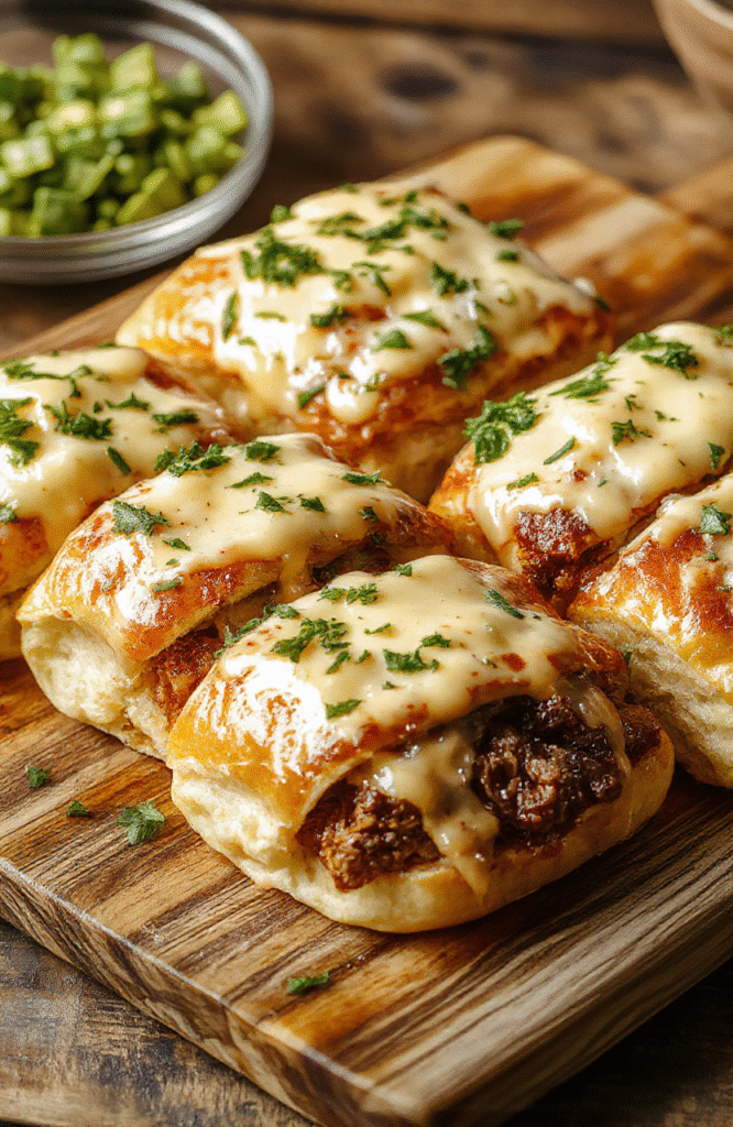 A close-up of golden-brown keto cheesesteak rolls with melted cheese and sautéed peppers inside, plated on a rustic wooden board with a side of fresh greens
