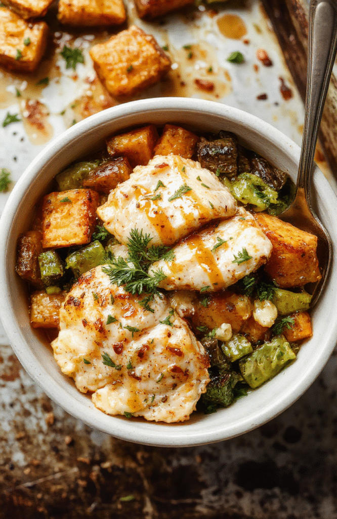 Colorful roasted chicken bowl featuring glazed tender chicken pieces drizzled with maple dijon sauce, surrounded by sweet potatoes and vibrant green vegetables on a rustic wooden platter, with a crispy caramelized surface and glazed textures, styled for an inviting home-cooked look