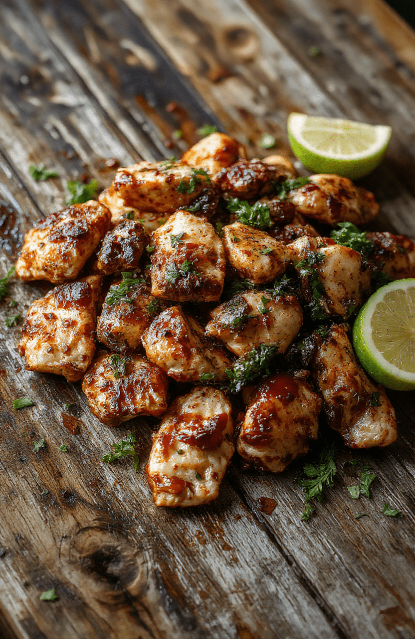 Colorful chicken fajitas served on a sizzling skillet, featuring vibrant red and green bell peppers, tender sliced chicken, and warm flour tortillas, garnished with fresh cilantro and lime wedges, styled casually on a rustic wooden table.