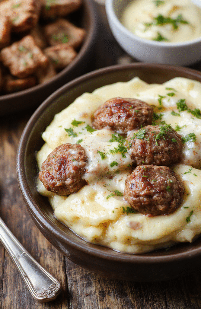 A rustic plate featuring golden-brown Salisbury steak meatballs topped with a rich gravy, accompanied by creamy garlic herb mashed potatoes garnished with fresh herbs, styled with a warm kitchen background, vibrant colors, and textured details highlighting the juicy meatballs and smooth potatoes.