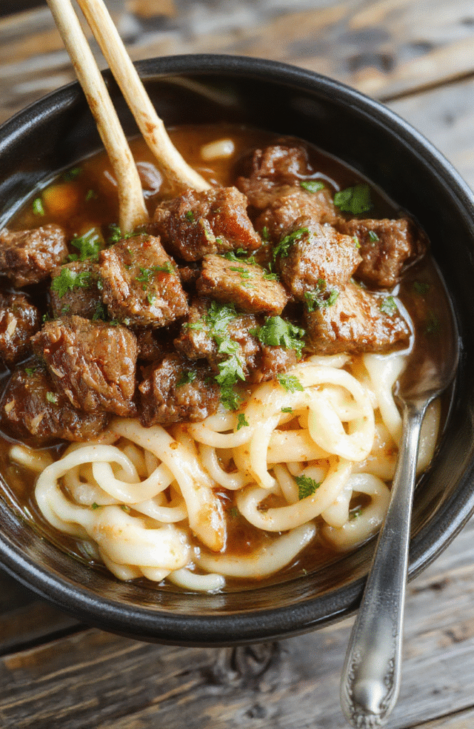 A warm bowl of beef and noodles on a rustic wooden table, garnished with chopped parsley, with tender beef chunks, thick noodles, and rich gravy, styled casually with a cozy background and soft natural lighting.