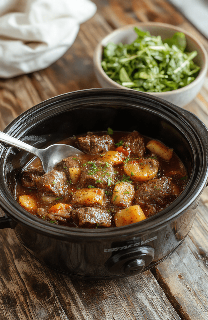 A colorful plate featuring tender strips of beef cooked with vibrant bell peppers and onions in a thick, savory sauce, garnished with fresh herbs. The dish is presented on a rustic wooden table with a glossy finish, showcasing a rich, steaming, and well-seasoned appearance with a hint of steam rising, styled simply with a side of rice or mashed potatoes for an inviting, homey look.