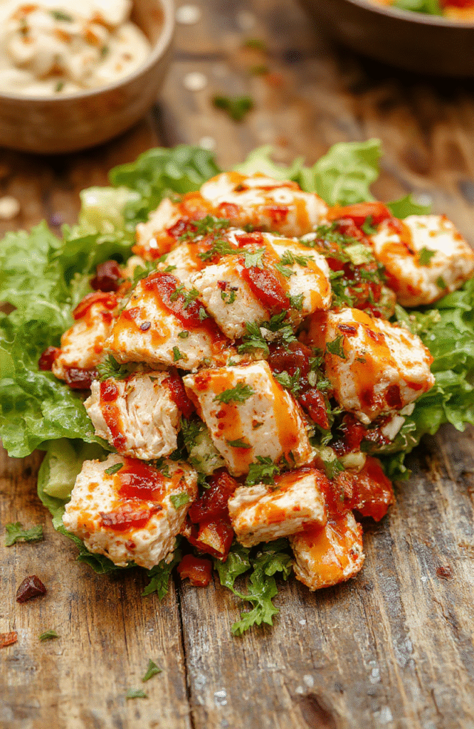 A vibrant Southwest chicken salad served in a white bowl featuring grilled chicken, colorful bell peppers, corn, black beans, and fresh greens, topped with sliced avocado and a drizzle of spicy dressing. The presentation emphasizes the fresh ingredients with a bright, appetizing look, styled casually on a rustic wooden surface with natural lighting highlighting textures and colors.