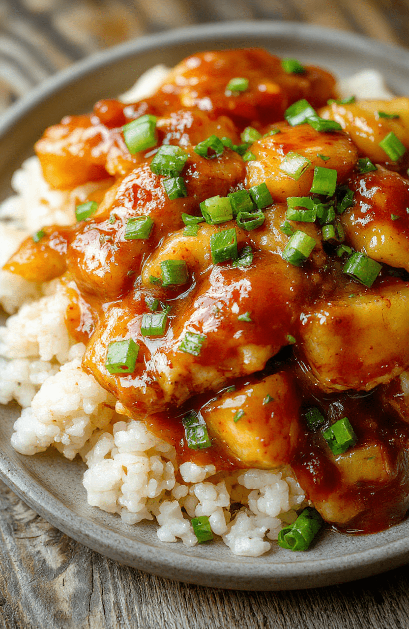 Colorful bowl of shredded cooked chicken coated in a glossy sweet pineapple sauce, garnished with chopped green onions and sesame seeds, served over steaming rice on a rustic wooden table, vibrant and inviting.