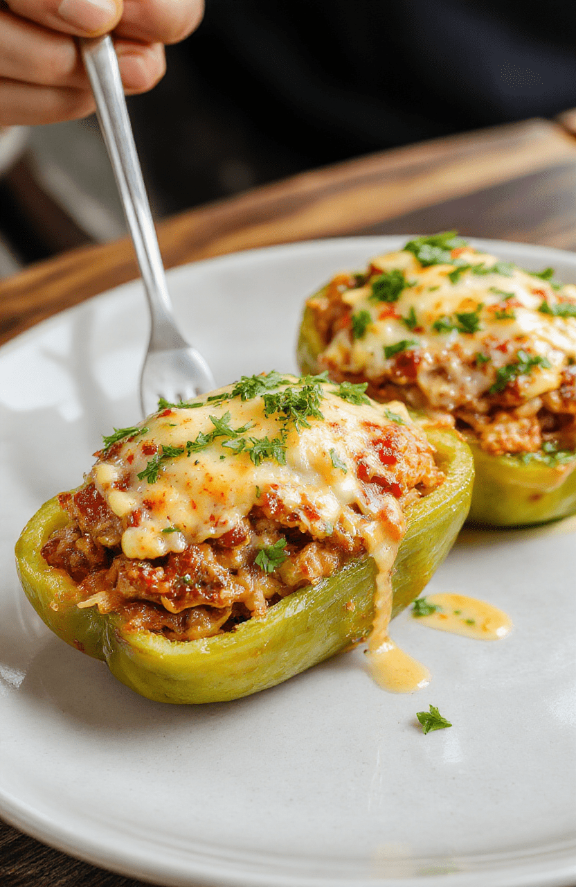 Colorful bell peppers filled with seasoned ground beef, black beans, corn, and melted cheese, arranged on a white plate with fresh cilantro and a side of salsa, vibrant and appetizing, styled casually