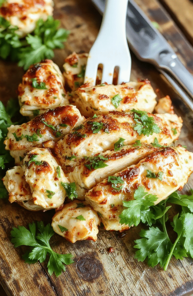 A vibrant plate of shredded cilantro lime chicken garnished with fresh cilantro and lime wedges, served on a rustic white plate with a side of rice, colorful vegetables, and a sprig of cilantro, set on a wooden table with natural daylight highlighting the textures and fresh ingredients.