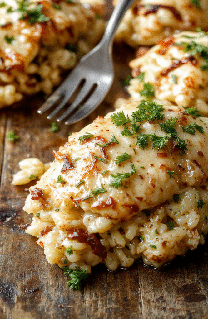 A creamy, cheesy chicken and orzo casserole topped with caramelized onions and melted cheese, served in a rustic white bowl, garnished with fresh herbs, vibrant golden-brown edges, appealing textures, and a cozy, inviting presentation.
