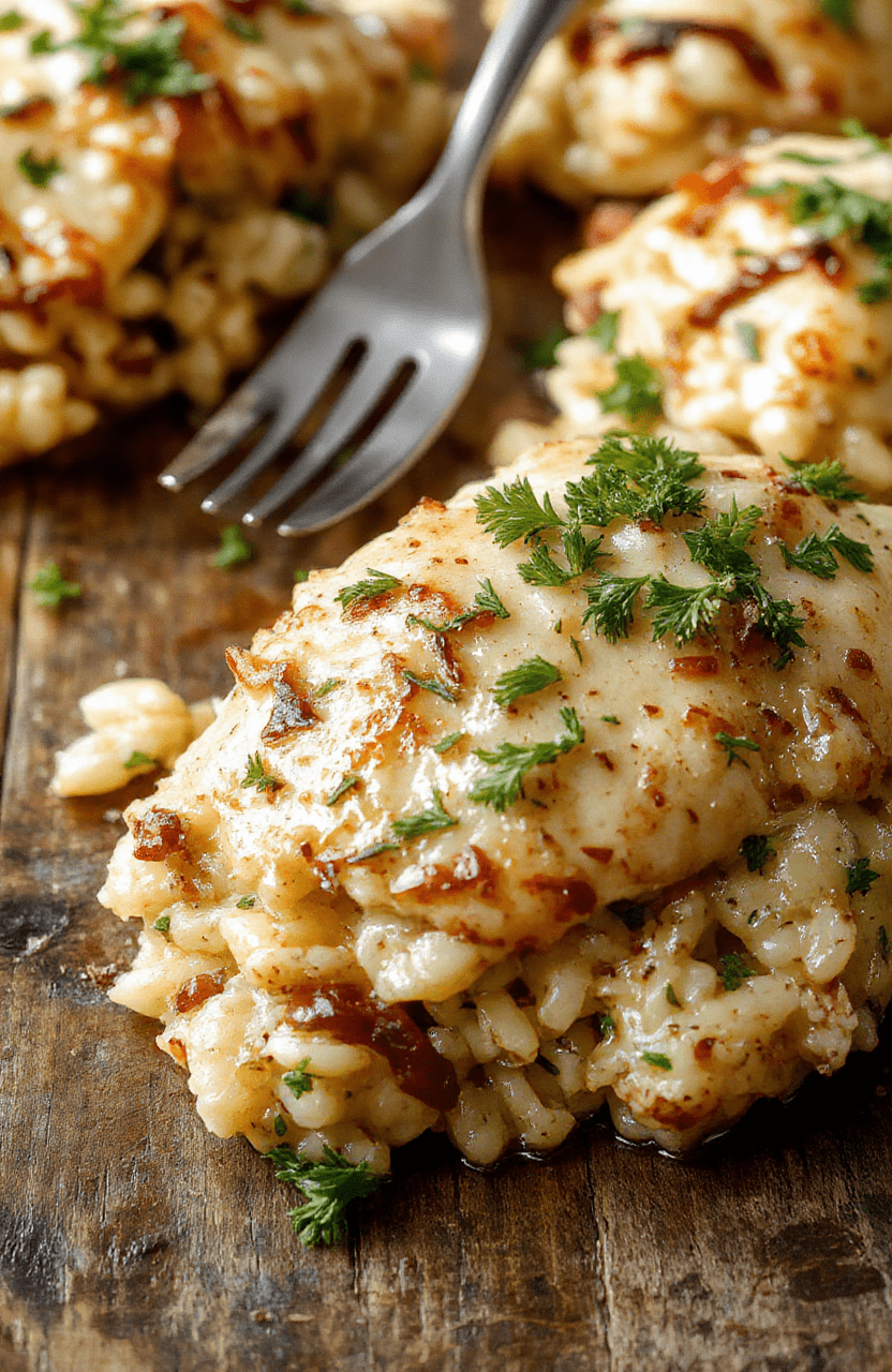 A creamy, cheesy chicken and orzo casserole topped with caramelized onions and melted cheese, served in a rustic white bowl, garnished with fresh herbs, vibrant golden-brown edges, appealing textures, and a cozy, inviting presentation.