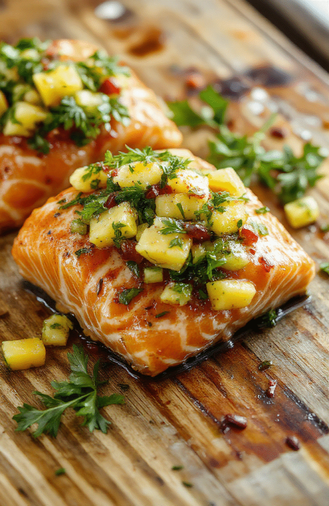 Colorful mango salsa atop perfectly cooked salmon fillet, plated on a rustic wooden surface, vibrant orange mango chunks, green herbs, and a drizzle of lime, with a background of fresh ingredients and soft natural sunlight highlighting the textures and bright colors.