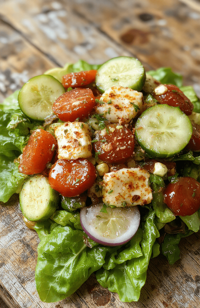 A vibrant Mediterranean salad served on a white ceramic plate, featuring chopped cucumbers, ripe tomatoes, thinly sliced red onions, drizzled with olive oil and garnished with fresh parsley, set against a rustic wooden background with colorful ingredients around.