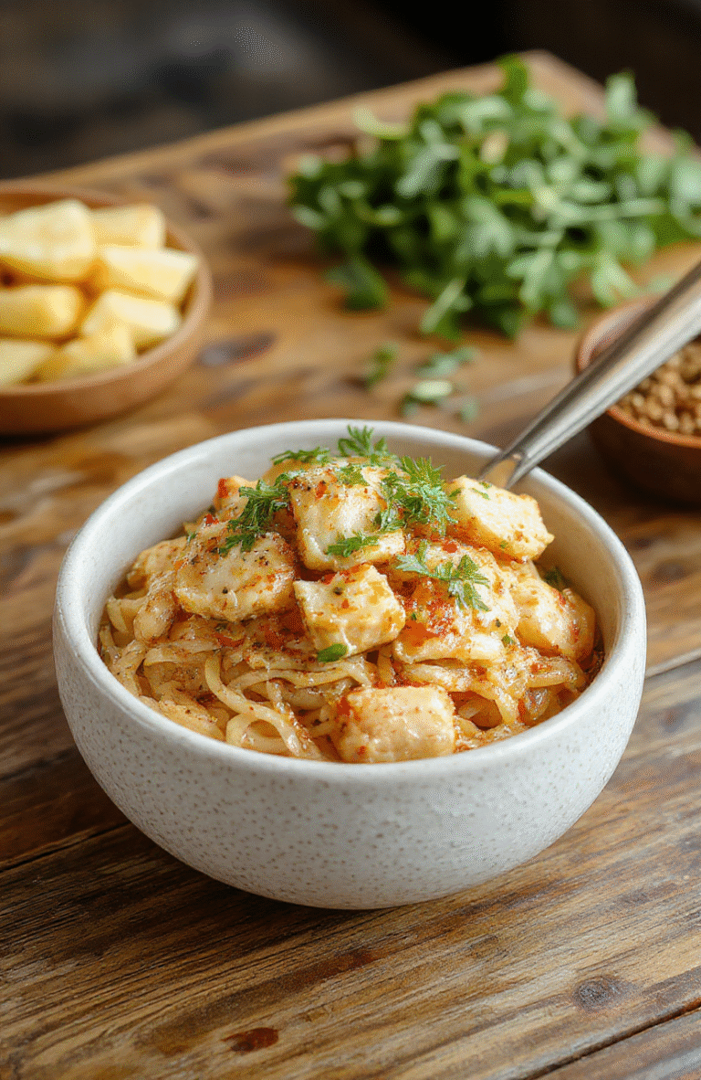 A vibrant plate of Sticky Garlic Chicken Noodles featuring tender chicken pieces coated in glossy garlic sauce, topped with scallions and sesame seeds, served on a rustic wooden table with chopsticks. The noodles are perfectly coated, glossy, and steaming hot, with colorful vegetables and fresh herbs adding visual appeal.