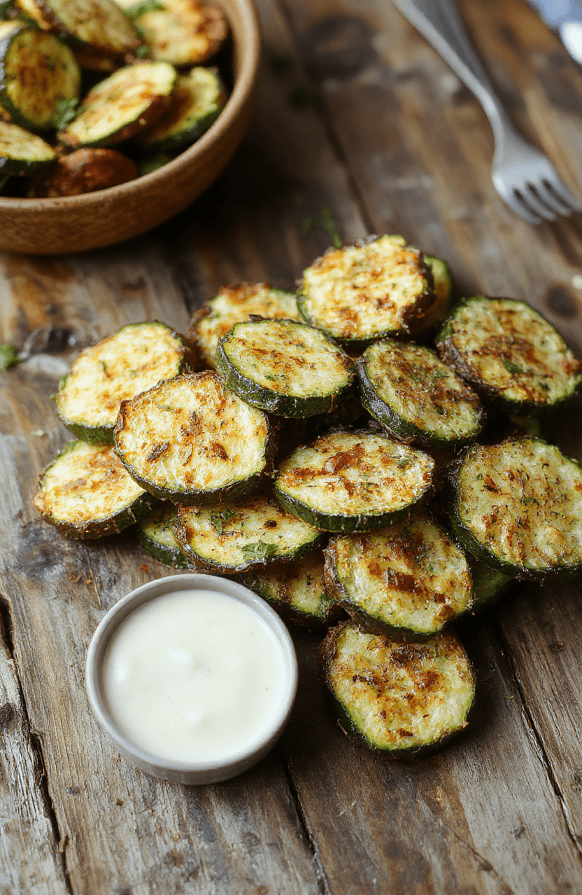 Colorful crispy zucchini fries plated on a rustic wooden board, golden brown with slightly crunchy texture, garnished with fresh parsley and served with a tangy dipping sauce, vibrant green zucchini contrasting with the golden exterior, styled simply with natural lighting emphasizing freshness and crispiness.