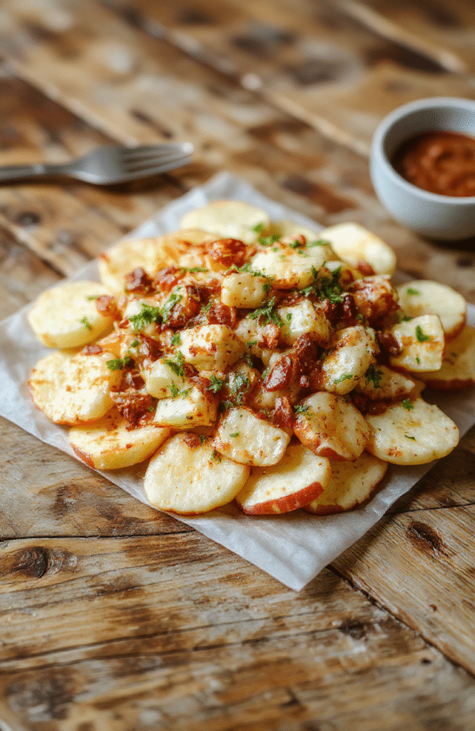 Colorful apple slices topped with creamy yogurt, crunchy granola, and vibrant fruit toppings arranged on a white plate, with a rustic wooden background and natural daylight highlighting the textures and fresh ingredients.