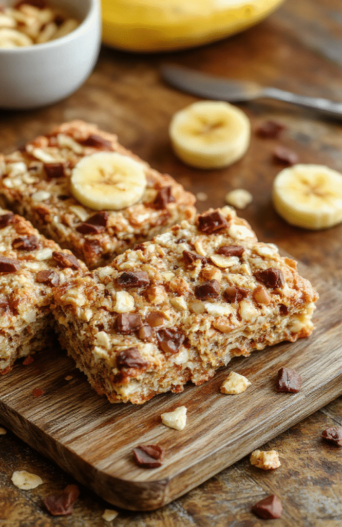 Colorful homemade banana oatmeal bars arranged on a rustic wooden plate, showcasing golden-brown edges, visible chunks of ripe bananas, and oat texture. The bars are garnished with a sprinkle of chia seeds and slices of banana, with a soft natural light illuminating their moist interior and crunchy exterior, styled simply for a wholesome, inviting look.