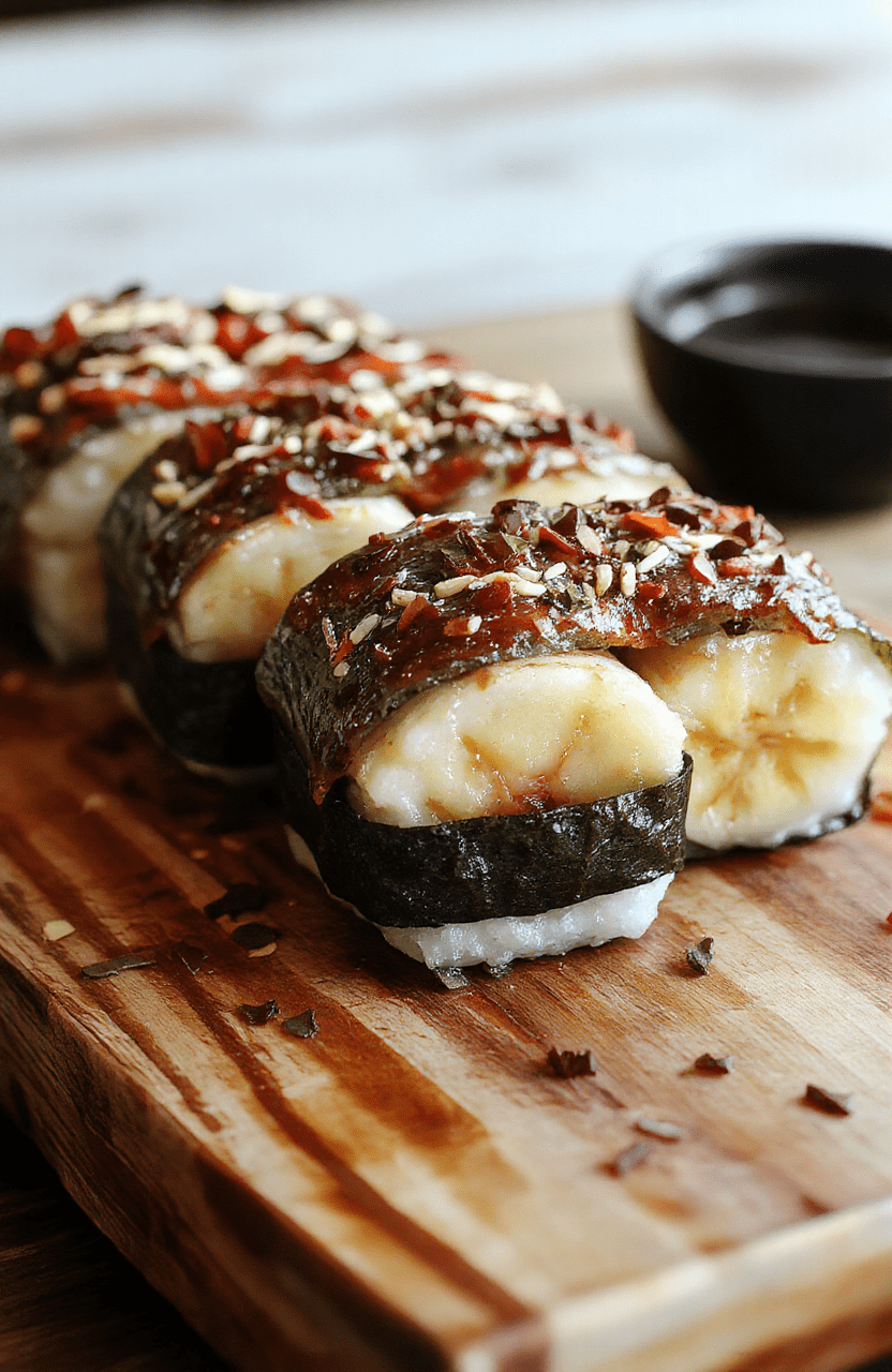 Colorful banana sushi rolls arranged neatly on a white plate, with vibrant fruit fillings visible through translucent rice paper. The sushi features slices of ripe banana, bright strawberries, and a drizzle of honey. Textured rice and fresh fruit create an inviting appearance, styled simply with a clean background, emphasizing the playful, healthy snack appeal.