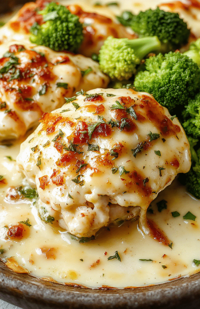 A vibrant, colorful broccoli chicken casserole served in a rustic ceramic dish. The casserole features tender broccoli florets, shredded chicken, and a golden cheesy topping with hints of green from the broccoli. The dish is garnished with fresh herbs, displaying textures of creamy sauce, crispy edges, and fresh green accents. The warm, inviting presentation emphasizes healthy comfort food.