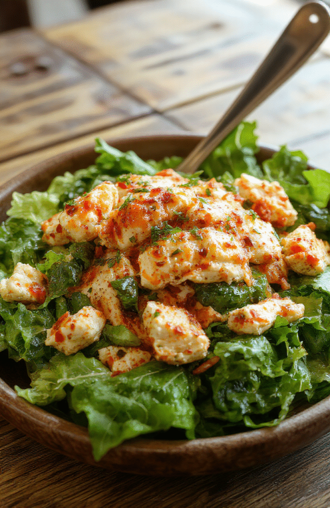 A vibrant buffalo chicken salad served in a white bowl, featuring shredded chicken coated in spicy buffalo sauce, topped with fresh greens, cherry tomatoes, and blue cheese crumbles. The colorful ingredients contrast against the white plate, with a creamy dressing drizzled on top, styled casually with a rustic background and natural daylight highlighting textures.