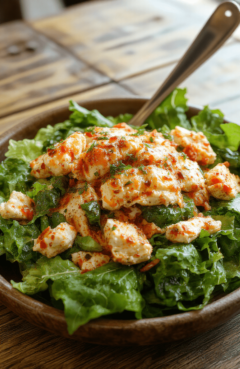 A vibrant buffalo chicken salad served in a white bowl, featuring shredded chicken coated in spicy buffalo sauce, topped with fresh greens, cherry tomatoes, and blue cheese crumbles. The colorful ingredients contrast against the white plate, with a creamy dressing drizzled on top, styled casually with a rustic background and natural daylight highlighting textures.