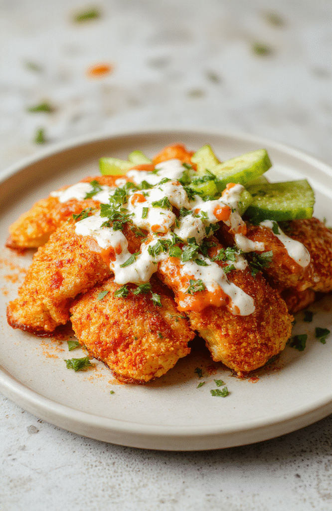 Bright golden baked chicken strips topped with vibrant buffalo sauce and creamy ranch dressing, plated neatly on a rustic white dish with fresh greens and carrot sticks, textured crispy coating contrasting with tender interior, styled simply for an appetizing look.