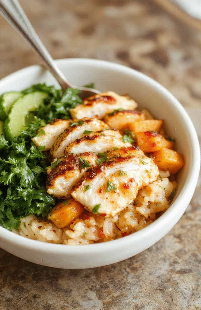 A vibrant, colorful plate featuring tender grilled chicken slices, roasted sweet potato chunks, fluffy white rice, and fresh green herbs, all arranged beautifully on a rustic white ceramic plate with a wooden background, capturing textures and appetizing colors.