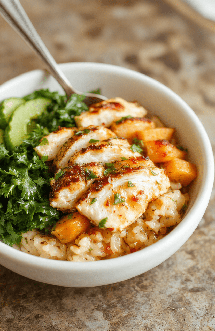 A vibrant, colorful plate featuring tender grilled chicken slices, roasted sweet potato chunks, fluffy white rice, and fresh green herbs, all arranged beautifully on a rustic white ceramic plate with a wooden background, capturing textures and appetizing colors.