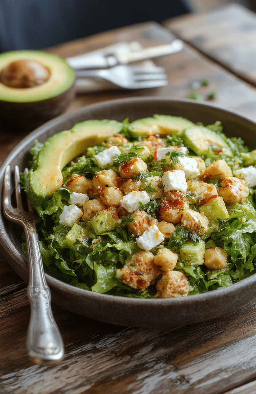 A vibrant bowl of chickpea feta avocado salad featuring creamy avocado chunks, crumbled feta cheese, and hearty chickpeas with fresh herbs, colorful cherry tomatoes, and a drizzle of olive oil, styled on a rustic wooden table with a light background.